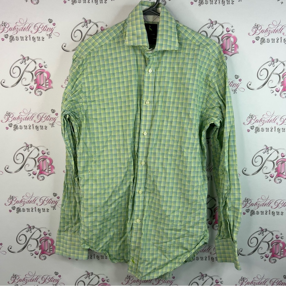 Tailorbyrd button up white blue yellow Green Plaid Casual Shirt cotton collared